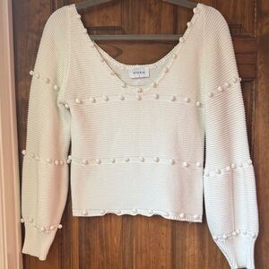 Storia Cream V-Neck Pom-Pom Knit Sweater 100% Cotton S